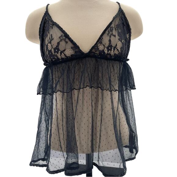 Anthropologie Lace Babydoll Sheer Mesh Tiered Black Slip Top Teddy Size Large - Picture 1 of 9